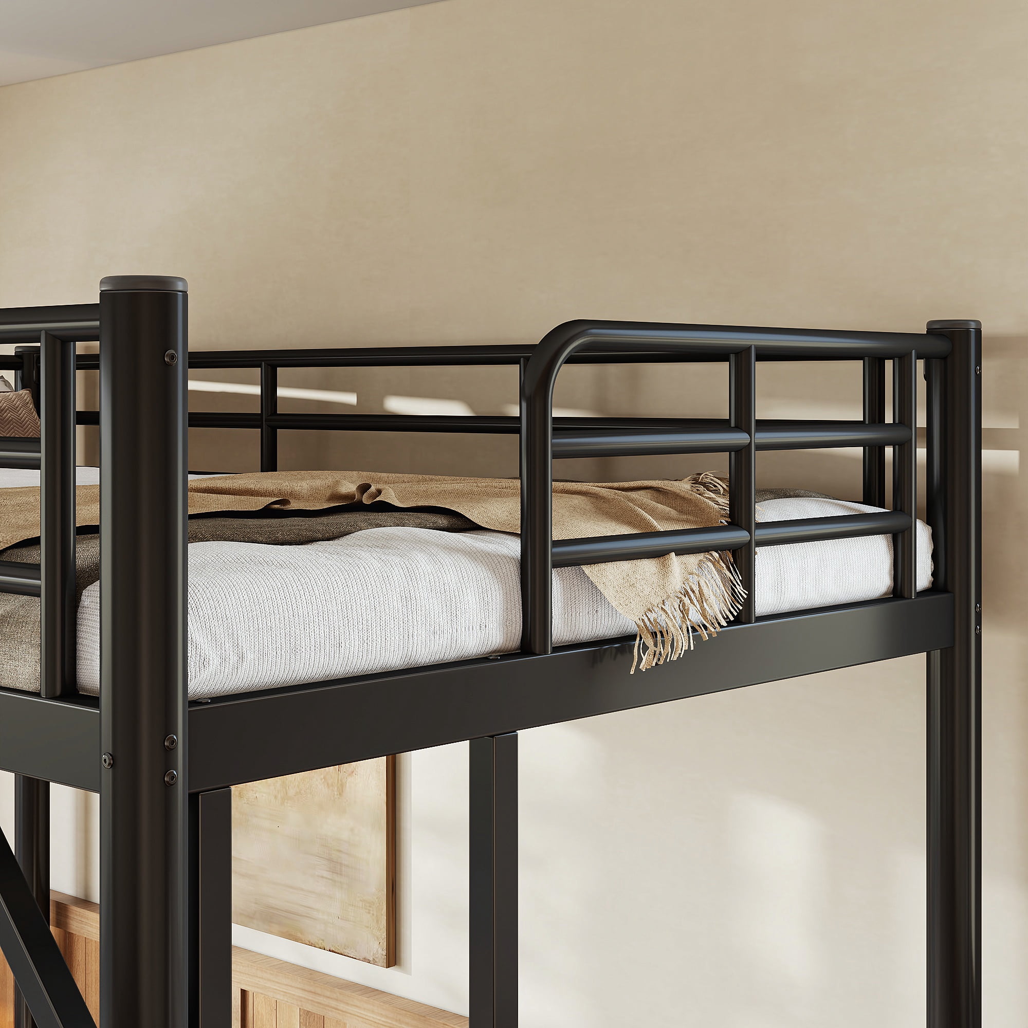 Leumius Twin Size Metal Loft Bed,Heavy Duty Metal Bed Frame with 2 Ladders and Full-Length Guardrail,Sturdy Steel Slats Support,