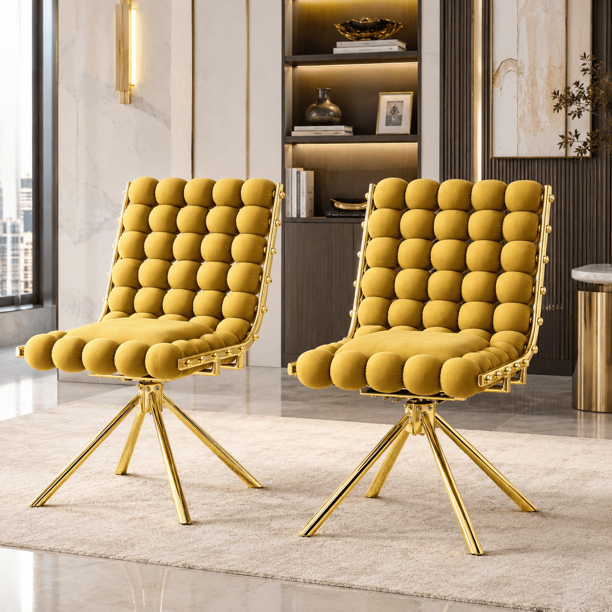 Aukfa Velvet Swivel Dining Chairs Set of 2, Modern Bubble Tufted Kitchen Side Chairs, Gold Metal Legs,Yellow