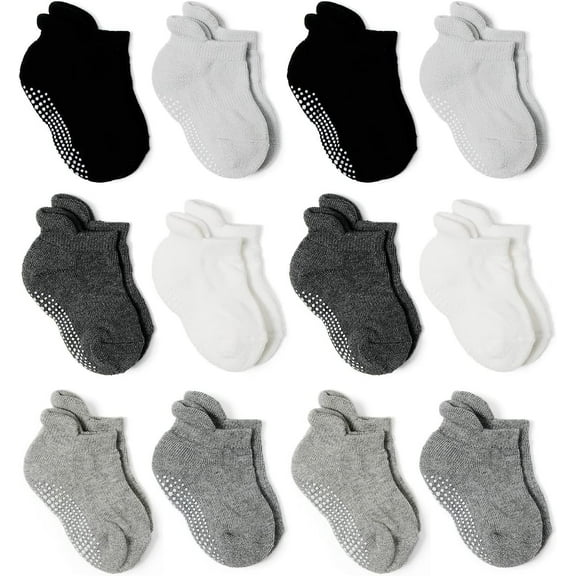 Baby Socks Toddler Non-slip Socks Thick Cotton Ankle Socks with Grips Kids Boys Girls 6/12 Pack
