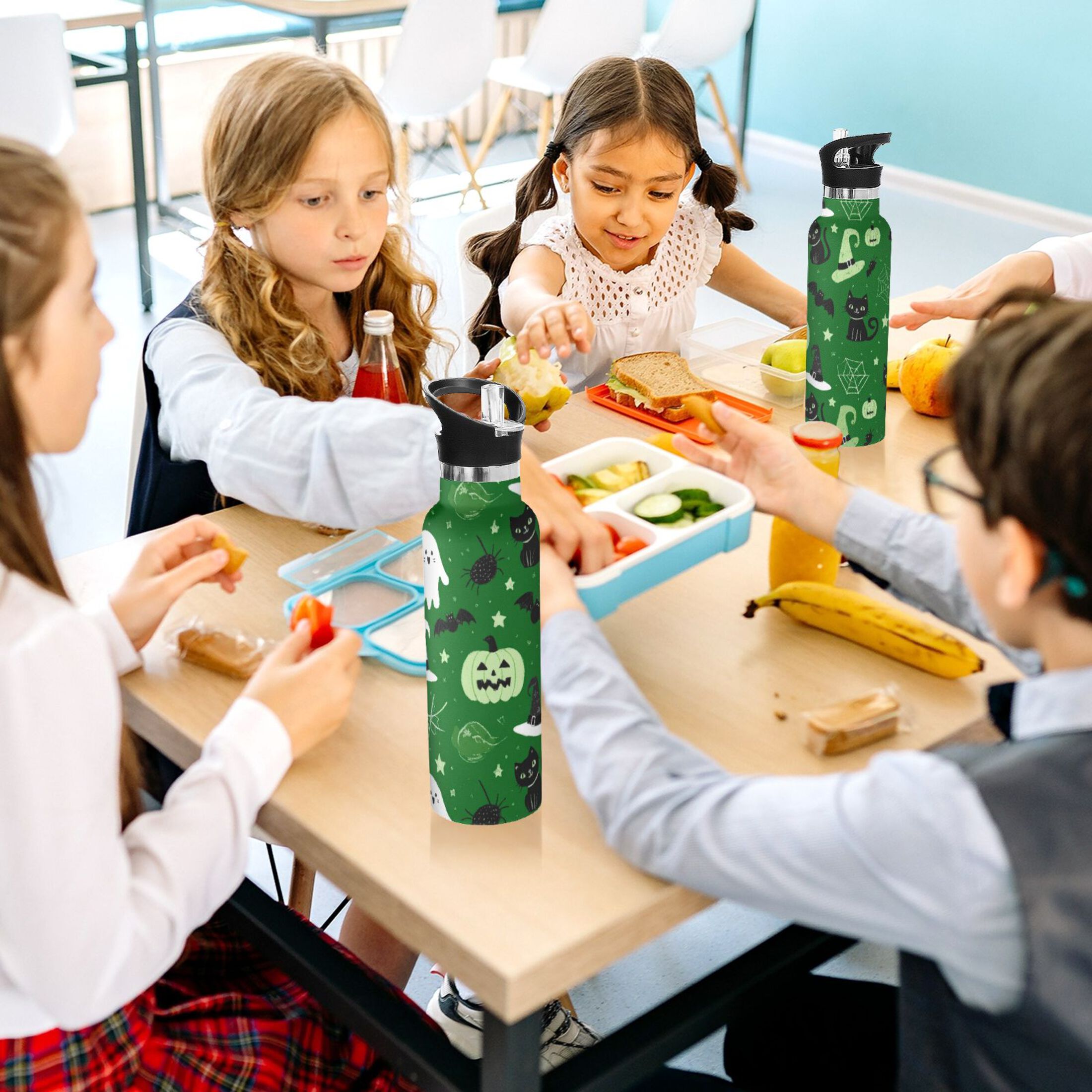 Kids Insulated Stainless Steel Sports Water Bottle 600ml (20oz) Green Halloween-themed Pattern