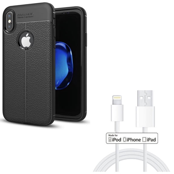 MFi USB Cable w Case for iPhone XS/X - 3ft Certified Charger Cord Power Wire, PU Leather Slim Fit Cover Reinforced Bumper Shock Absorbent for iPhone XS/X