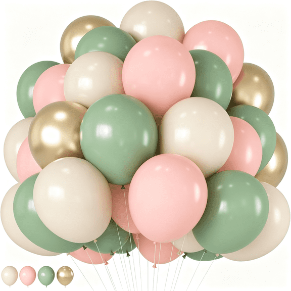 HHNOU Sage Green Pink Balloons 12" Olive Green Pastel Pink Ivory Metallic Gold Latex Balloon for Boho Baby in Bloom Fairy Floral Wildflower Tea Safari Jungle Baby Shower Birthday Party Decoration
