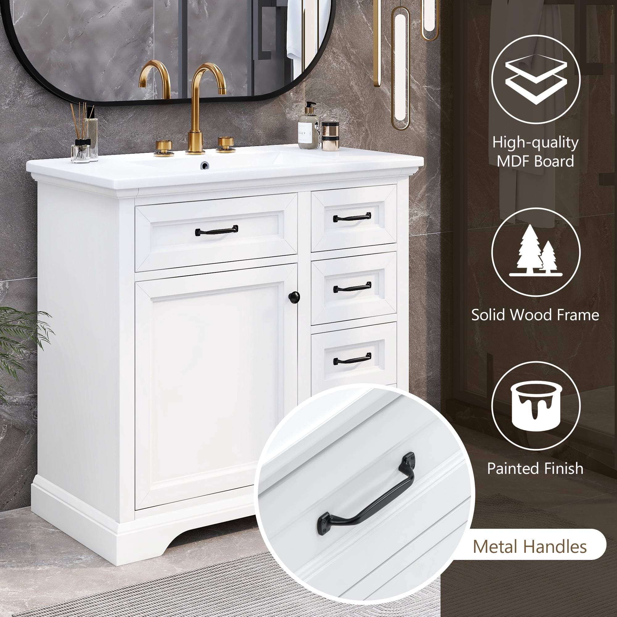 Euroco 36" Bathroom Vanity with Sink, Ceramic Sink, 2 Tip-out Drawers, Soft Close Door Hinges