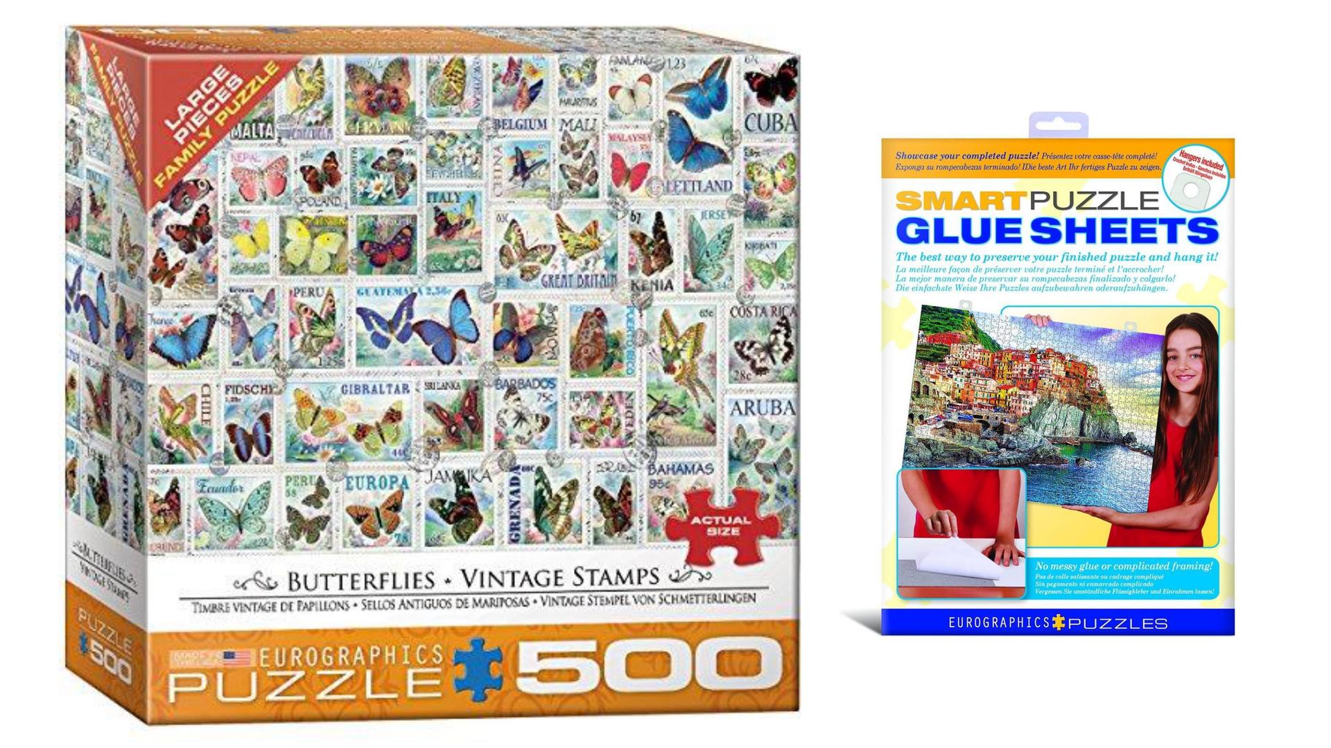 Bundle of 2 Eurographics Butterflies Vintage Stamps 500Piece Puzzle