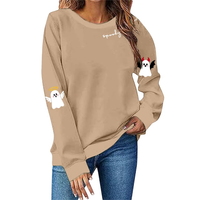 NMMUED Chandails d'Halloween pour Femmes, Chandail à Col Rond Surdimensionné pour Femmes, Chandail d'Halloween Citrouille, Chandails d'Automne pour Femmes, T-Shirts d'Halloween pour Femmes, T-Shirts Graphiques pour Femmes, Kaki TTG