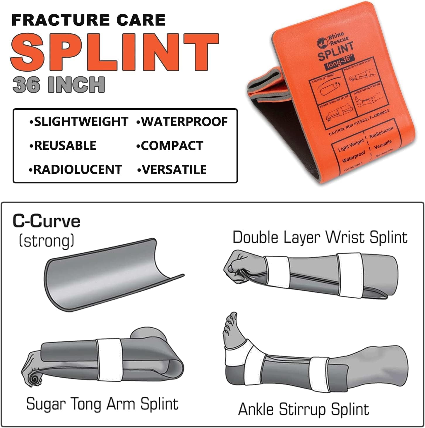 RHINO RESCUE Multi-Size First Aid Splint Set - 36/18/9 Inch & Finger, 4-Pack for Fractures