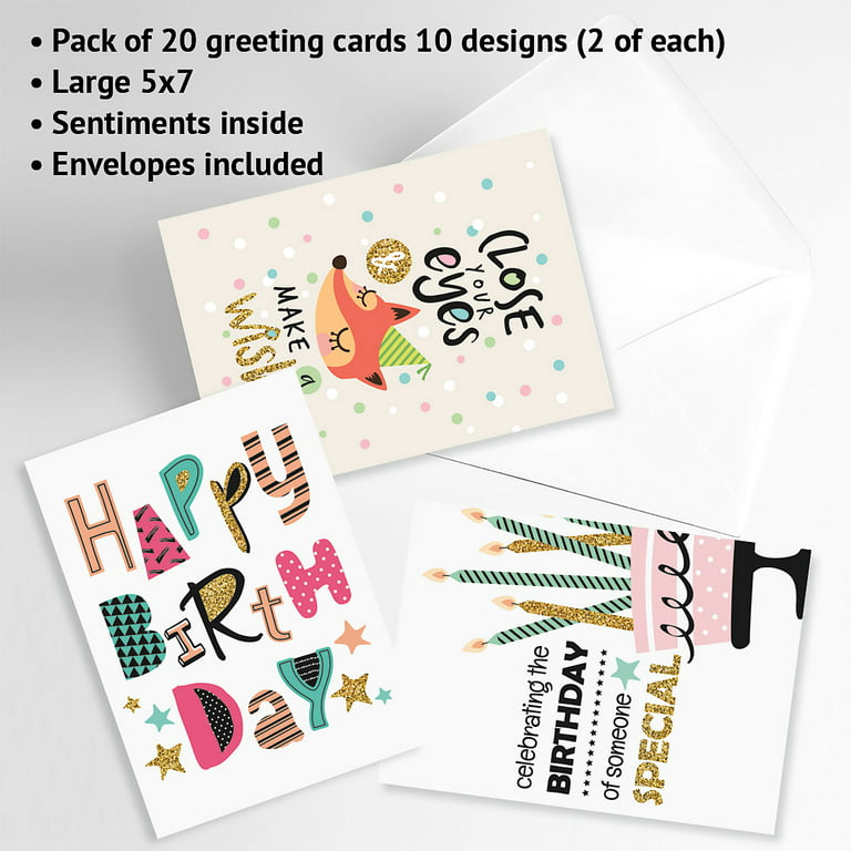 Simple Wishes Birthday Greeting Cards Value Pack - Set of 20 (10 designs),  Large 5 x 7, Happy Birthday Cards with Sentiments Inside, by Current
