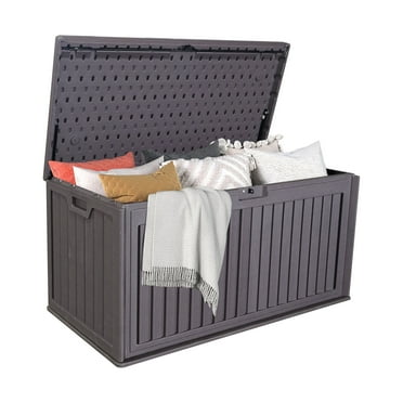 Donext 100 Gallon Resin Outdoor Deck Box Waterproof, Plastic Patio Storage Box with Side Handles, Lockable Storage Containers, Brown 