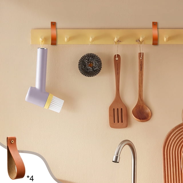 Gancho de pared de cuero, pack de 4 perchas de correas negras marrones • Gancho decorativo para toallas, macetas para plantas • Almacenamiento multiusos para paredes y puertas