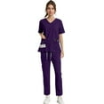 thumbnail image 6 of WTOBBY Women's Quick-Dry Short Sleeve V-Neck Scrubs Set with Pockets, Solid Color Nursing Uniform, 2-Piece Medical Workwear for Healthcare Professionals, Comfort Fit,Purple XL, 6 of 7
