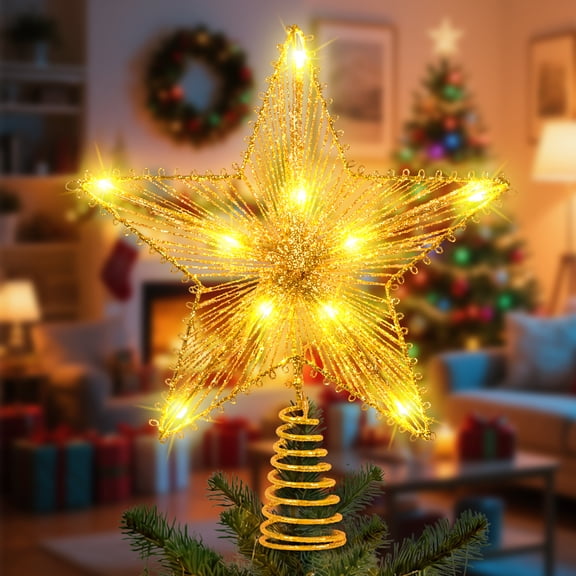 Fohil Christmas Tree Topper, 10” Gold Glitter Star Xmas Tree Topper with LED Lights, Christmas Tree Decorations, Home Decor