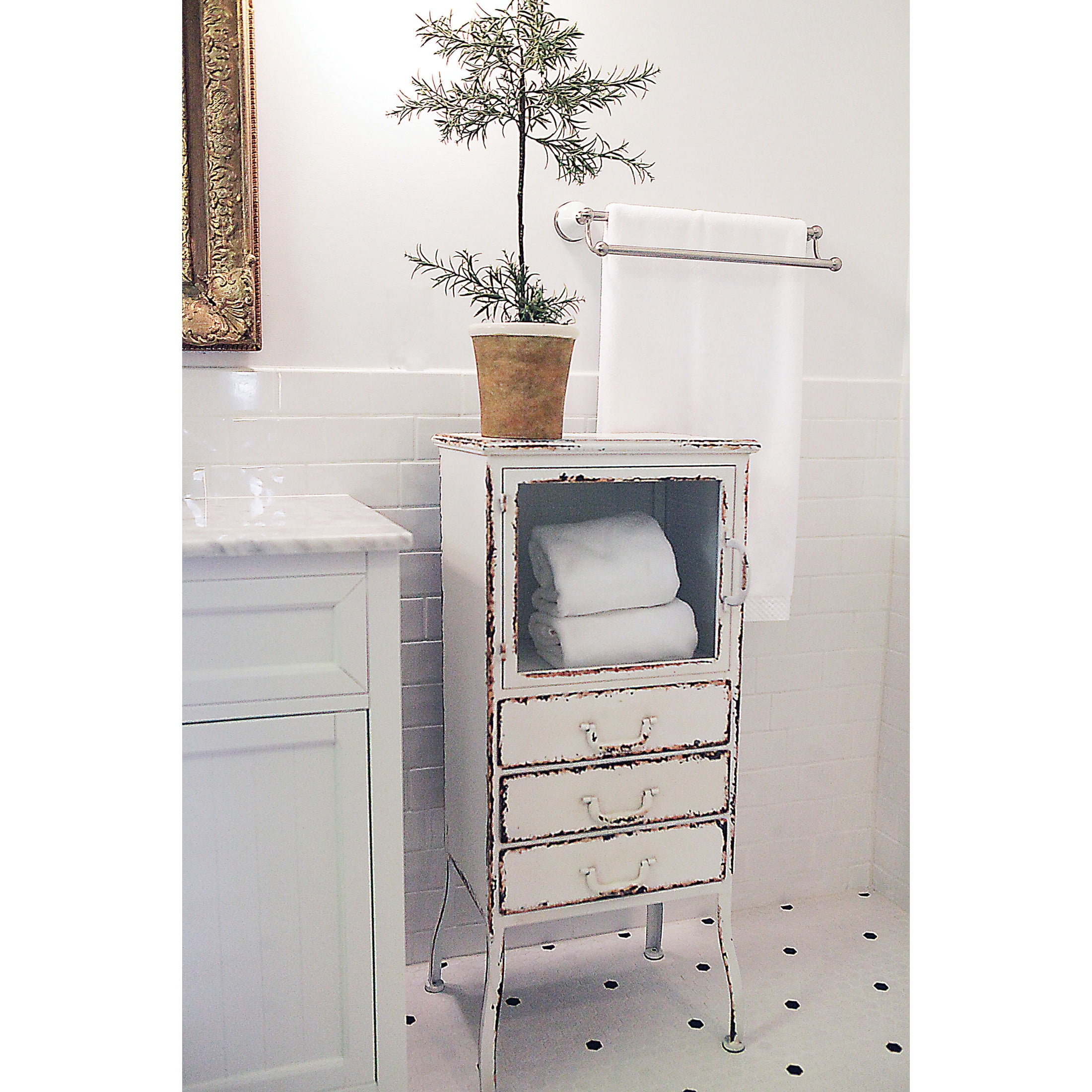 Creative Co-Op Distressed White Metal Cabinet With 3 Drawers & Glass Door - Farmhouse Storage
