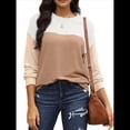 thumbnail image 2 of Moda para Mujer 2025, Camisetas Holgadas Informales de Punto con Cuello Redondo y Larga con Bloques de Color y Caqui S, 2 of 7