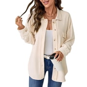 UVN Womens Shacket Jacket Waffle Shirts Long Sleeve Button Down Boyfriend Shirt Coats Side Elastic Thread Tops