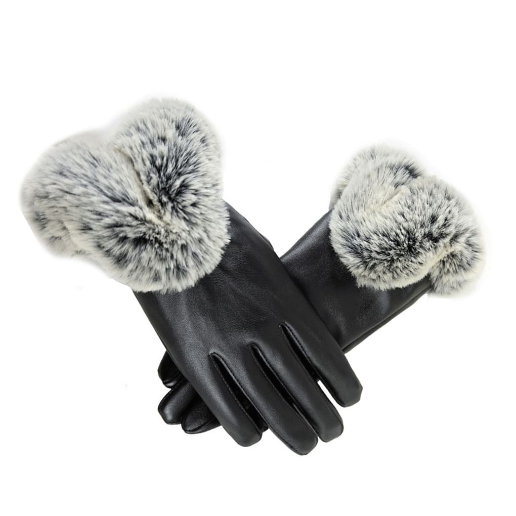 Women Lady Black Leather Gloves Autumn Winter Warm Rabbit Fur Mittens Outdoor" 