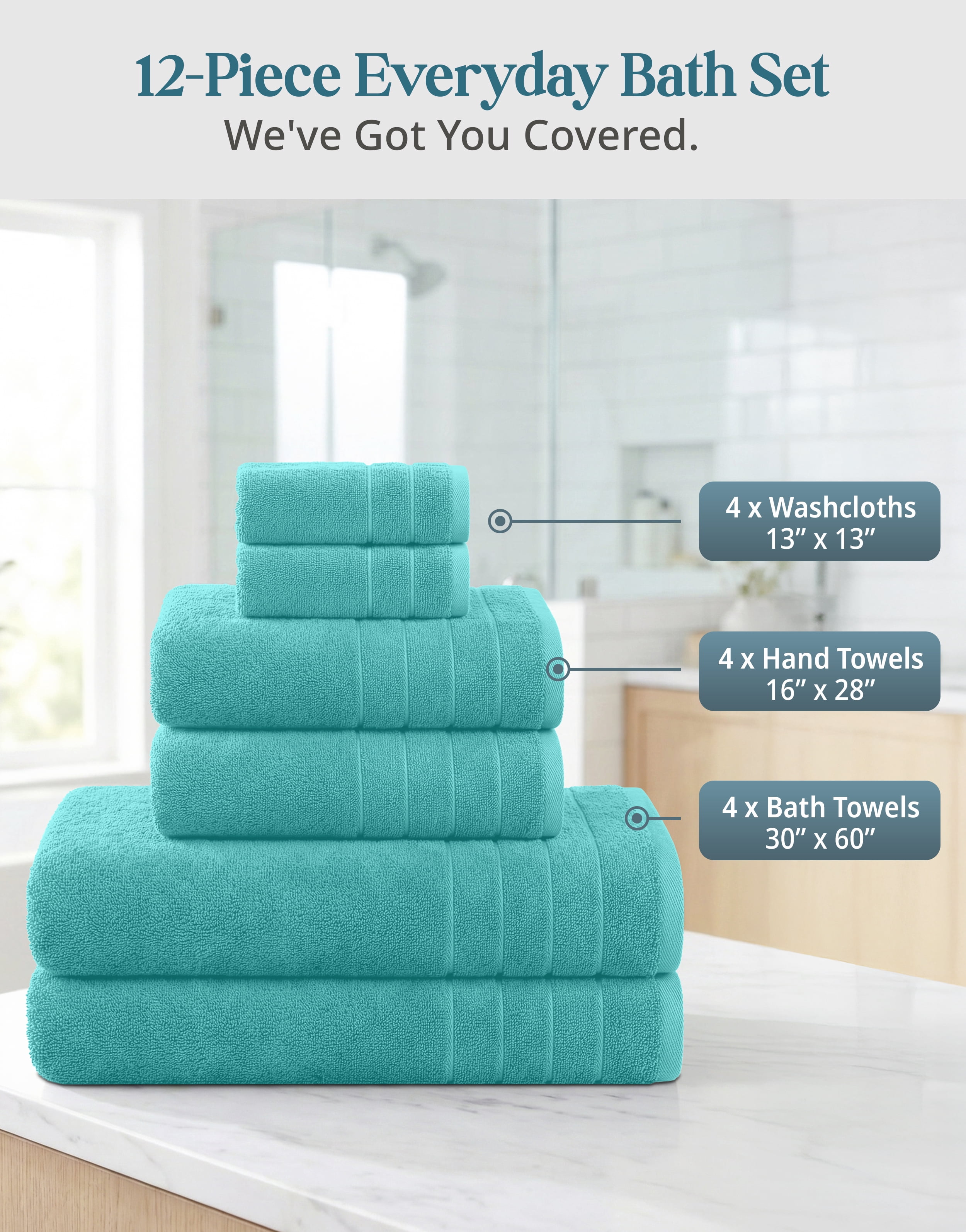 Casa Platino 12 Piece Bath Towels Set - Includes 4 Large Bath Towels, 4 Hand Towels & 4 Washcloths - Soft Absorbent Cotton Towels for Bathroom - Aqua Sky