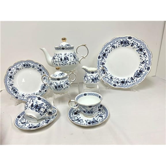 White with Blue Flowers & Gold Rims Cake & Teapot Set, Set of 24