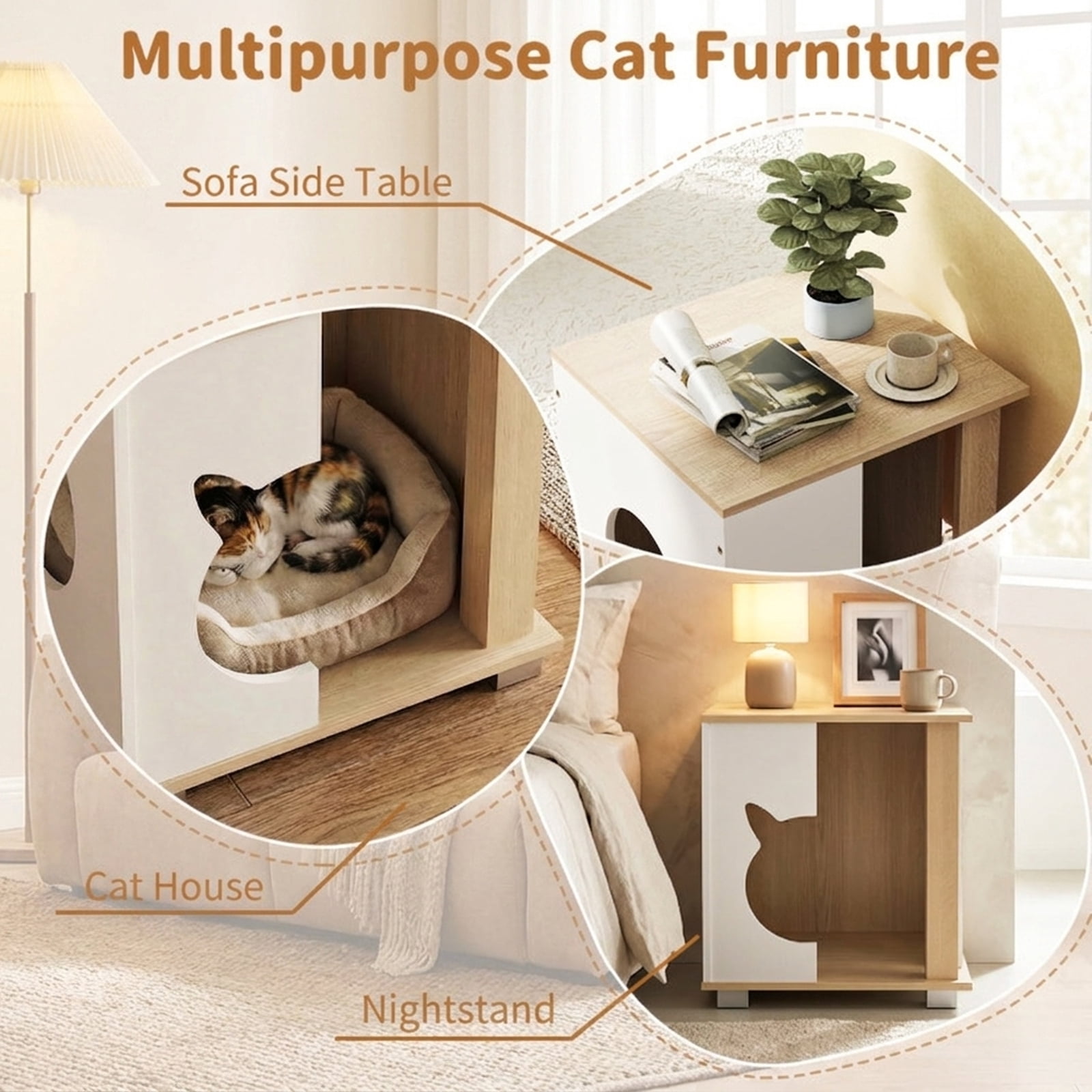 SUGIFT Wooden Cat Condo Side Table, Semi Enclosed Modern Pet House End Table Nightstand with Kitty Head Shaped Entry, Thick Metal Legs and Ventilated Hideaway for Living Room Bedroom, Natural