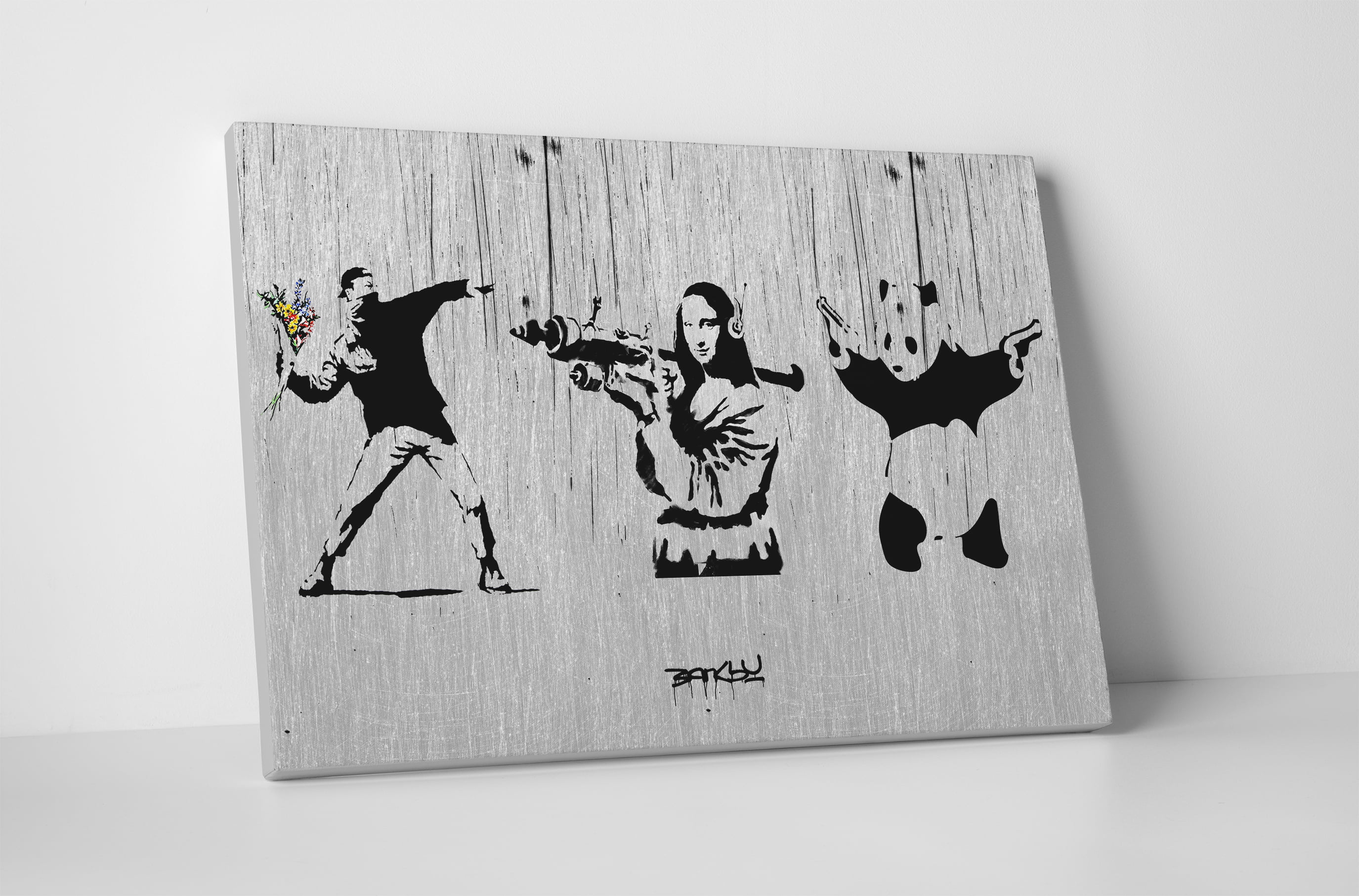 Banksy Parking Stretched Canvas Triptych Print 48"x30" BONUS BANKSY WALL DECAL! 