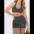thumbnail image 4 of Conjuntos Entrenamiento para Mujer 2 Piezas,Sujetador Deportivo con Cuello Halter y Arrugas,Pantalones Cortos Ciclista Cintura Alta,Ropa Ejercicio para Gimnasio Yoga Gris Oscuro L, 4 of 9