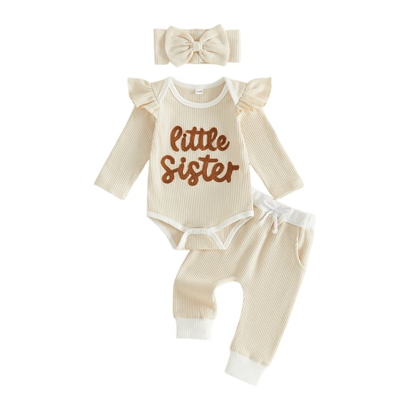 RUINIXCW Baby Girl 'Little Sister' 3-Piece Outfit Ruffle Sleeves Romper Pants Bow Headband