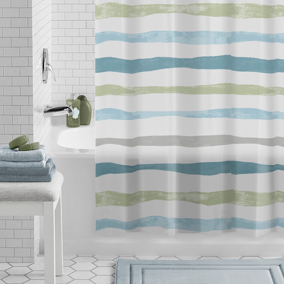 Mainstays Waterproof 30% Recycled PEVA Watercolor Stripe Shower Curtain Set & Hooks, 13-Piece, Blue