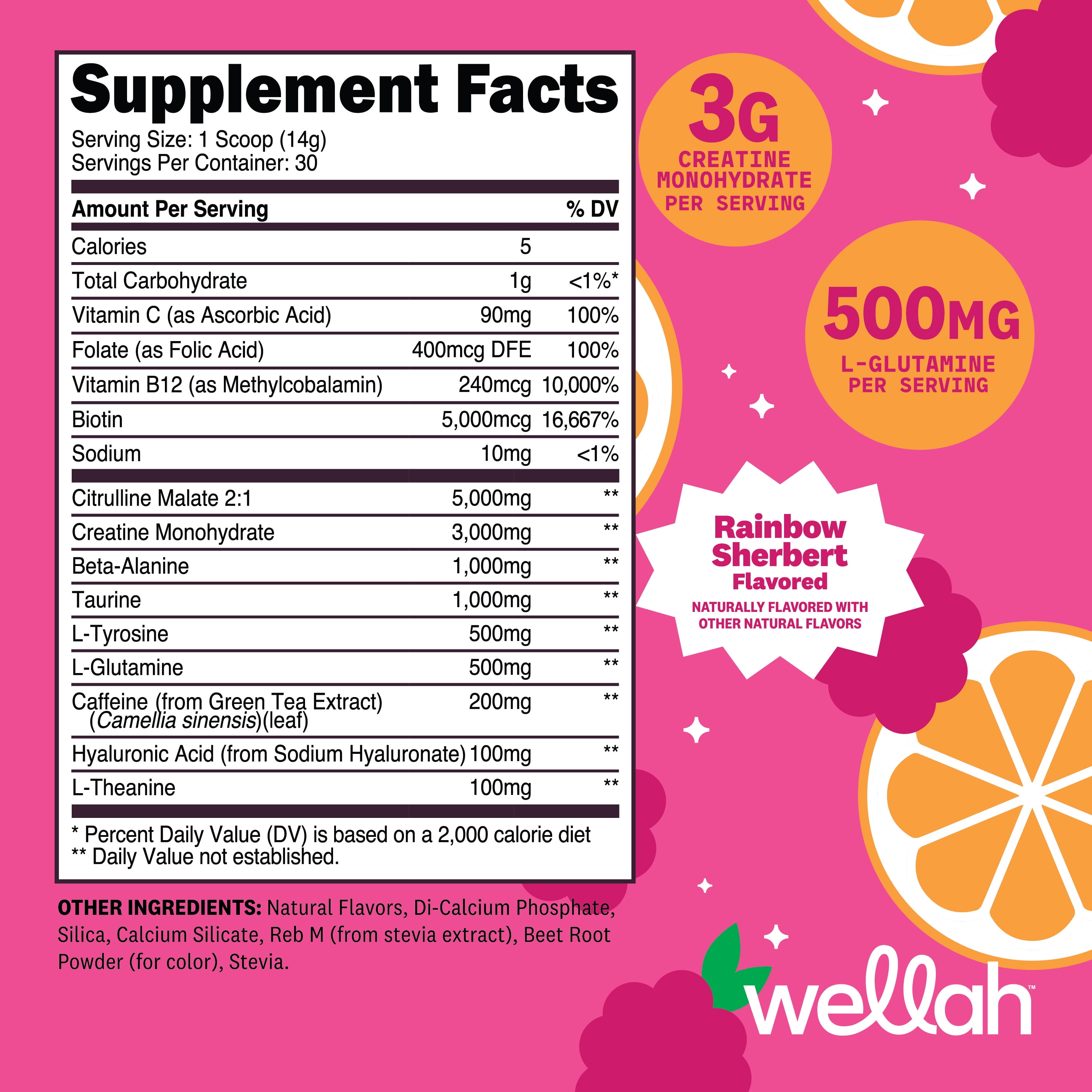 Wellah Pre-Workout + Creatine Powder (30 Servings) Orange Raspberry - 200mg Caffeine, 3g Creatine Monohydrate, 5g Citrulline Malate, Pre-Workout with Creatine Supplement