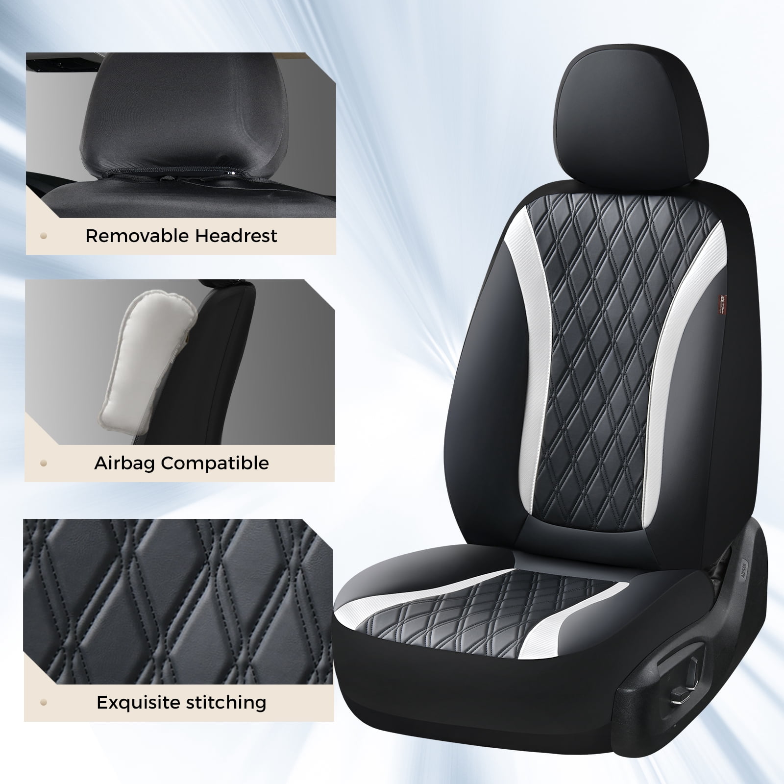 Coverado Car Seat Covers, Faux Leather with Carbon Fiber Front Car Seat Protectors, 4 Pieces Universal Fit for Most Cars SUV Trucks, Black&White