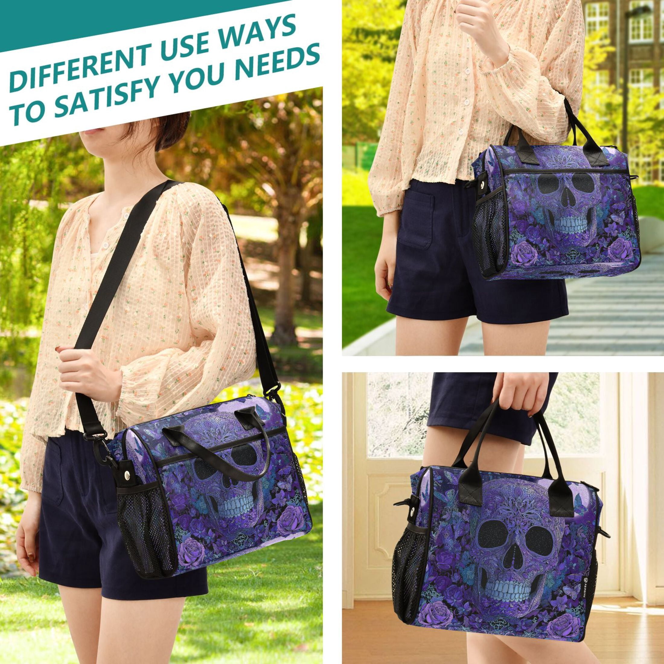 RMDQTR Midnight Skull Butterfly Bloom Large Tote Lunch Bag, Multi-Compartment Waterproof Thermal Food Bag for Commute Office & Picnic Outings