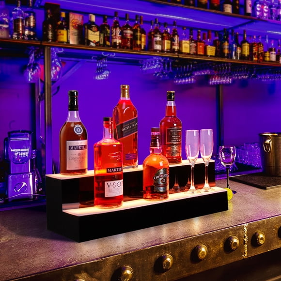 16 Inch 2-Tier LED Liquor Bottle Display Shelf – Wall-Mounted Acrylic Rack, Multicolor Lighting, RF Remote, Wireless & App Control, Music Modes & Timer – Home/Commercial Bar Storage, Rectangle