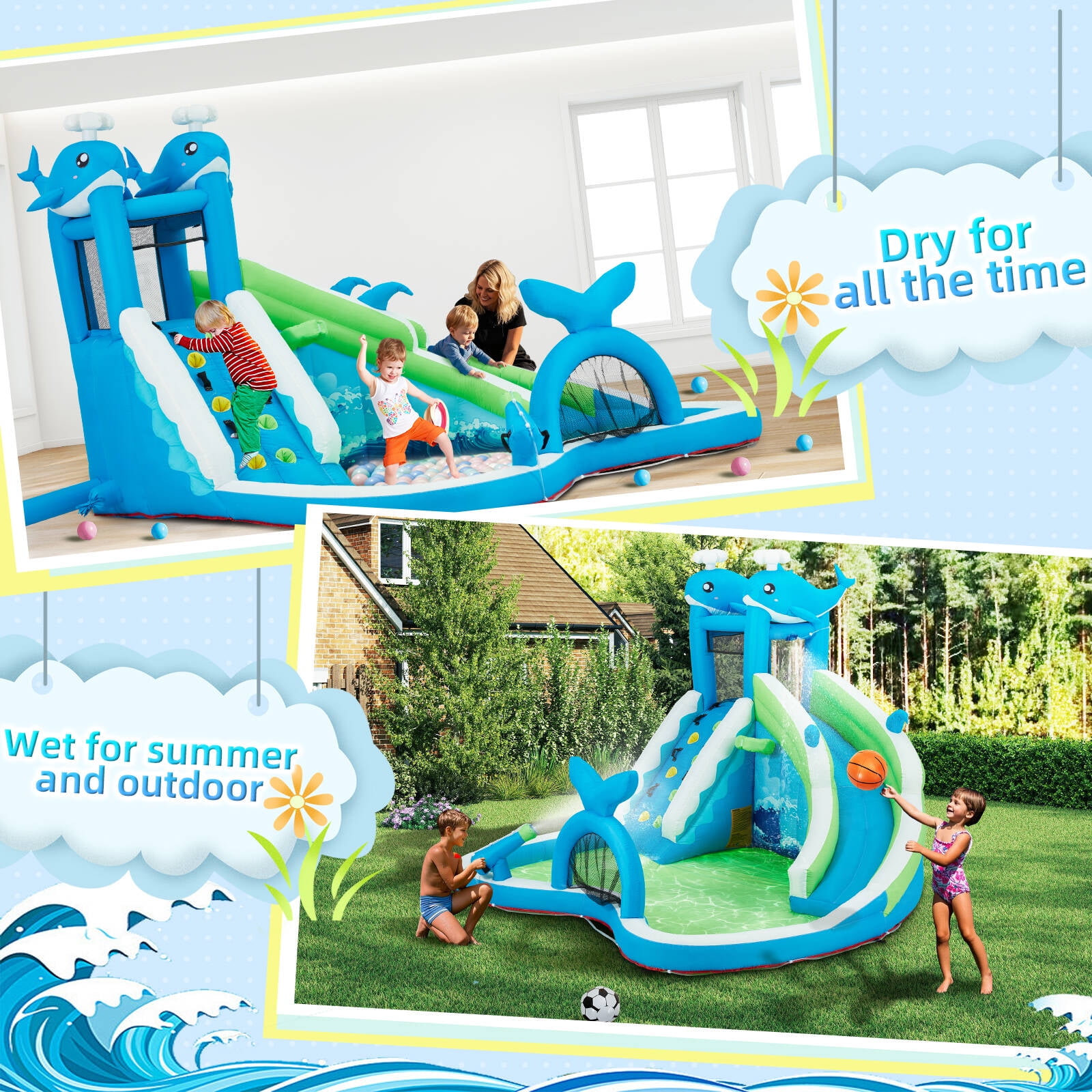 EROMMY Inflatable Water Slide, 6-in-1 Whale Outdoor Bounce House for Kids Aged 3-10 with Water Cannon, Climbing Wall, Basketball Hoop, Soccer Goal, Storage Bag, 480W Blower