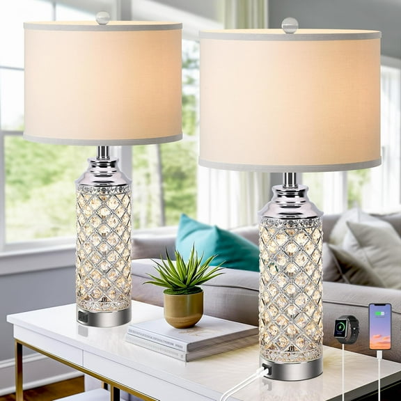 Nordic Hygge Table Lamps Set of 2 with LED Night Light, Nightstand Lamps with USB A C Charging Ports, 24 inch Silver Crystal Bedside Lamps for Livingroom, Office, Study Room, Guest Room