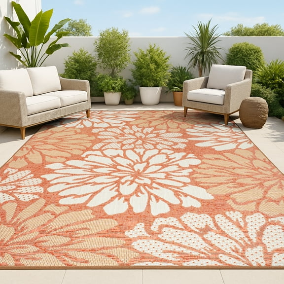 JONATHAN Y SANTA MONICA 5 x 8 Area Rug, Zinnia Floral Textured Weave - Orange/Cream, SMB110E-5