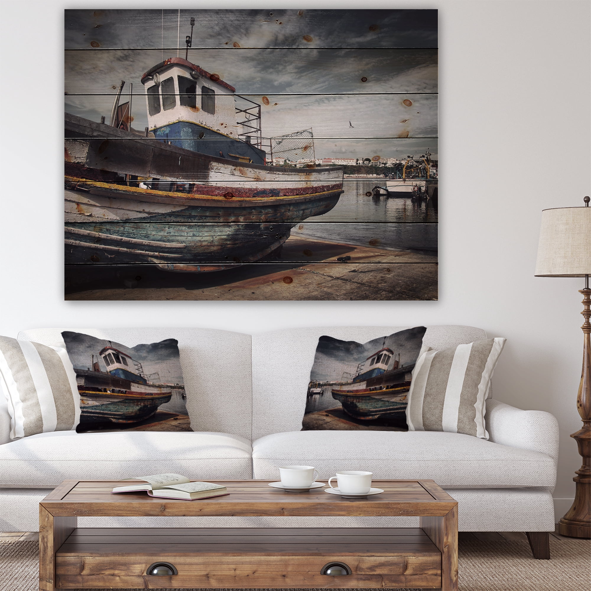Designart 'Old Fishing Boat' Boat Print on Natural Pine Wood