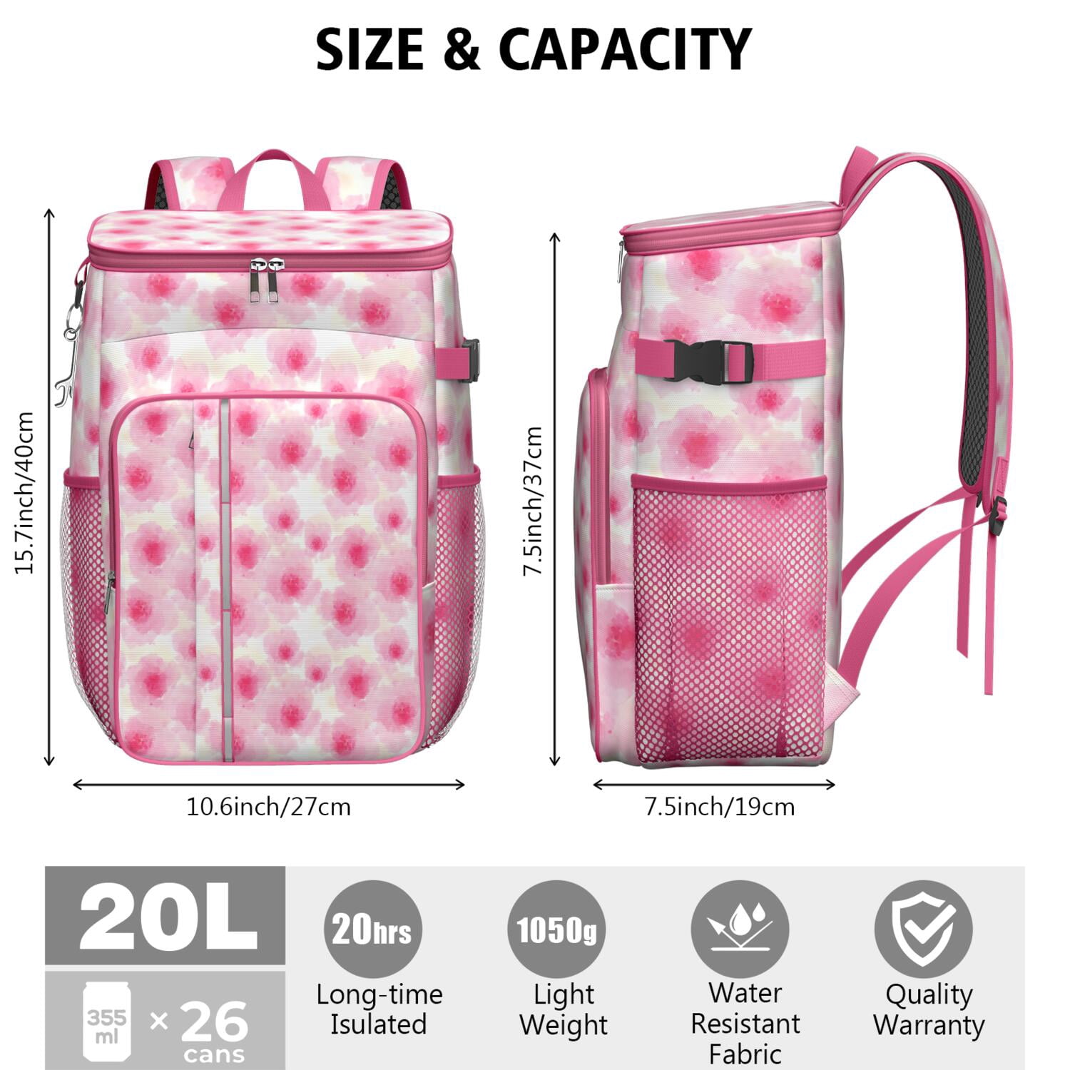 Travel Cooler Bag - Pioneer Flower Floral Print Pattern Camping Beer Cooler Backpack with Bottle Opener- Waterproof Insulated Picnic Backpacks - Cooler Bag for Beach