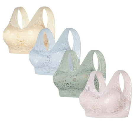 REORIAFEE Full Support Bras for Women 4 Pack Gathered Together Wirefree Bras Floral Prints Brassiere Comfy Wide Strap Breathable Corset Underwear Comfortable Classic Support Lingerie Green XXL