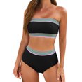 thumbnail image 2 of OWMEOT Strapless Bandeau Bikini Sets for Women Stitching Stripes Off-shoulder Swimsuits High Waisted Bathing Suits for Summer Vacation, 2 of 4