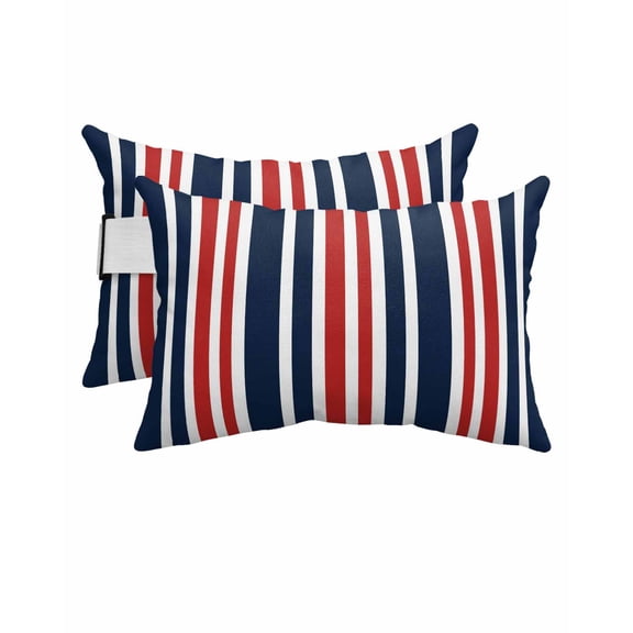 Stripe Outdoor Head Resting Pillows with Insert Red Dark Blue Stripe Minimalist Contrast Vertical 2 Pack Waterproof Lumbar Pillows with Adjustable Elastic Strap for Patio Chaise Beach Chair, 11"x16"