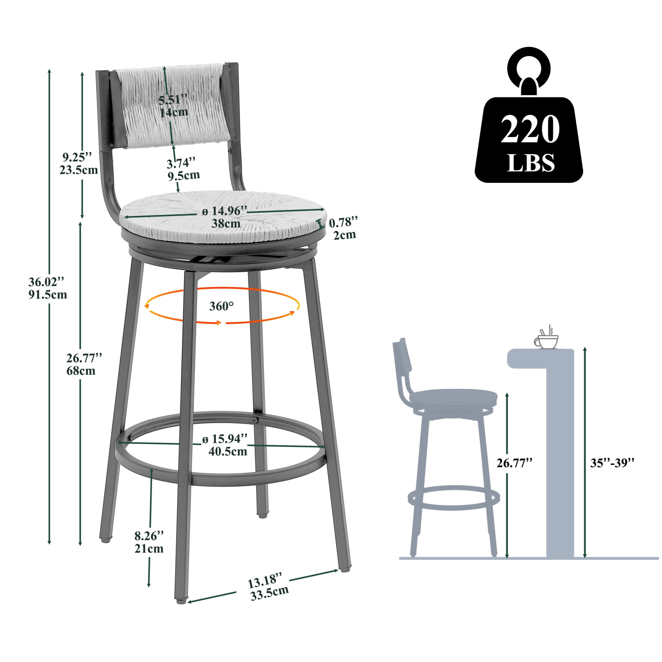 Noble House Swivel Counter Height Bar Stools Set of 2, Handwoven Paper Rope Seat, Honey