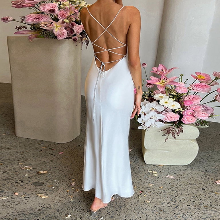 OVINYER Dress Women Satin Sleeveless Spaghetti Strap Cowl Neck Summer  Ruched Bodycon High Slit Formal Dresses Comfortable Relaxed Fit -  Walmart.com