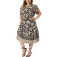thumbnail image 1 of Vestido midi A línea bohemio de verano con flores y mangas cortas en V para mujer de tallas grandes Agnes Orinda 3X negro, 1 of 8