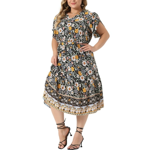 Agnes Orinda Women's Plus Size Summer Boho Casual V Neck Short Sleeve Floral Print Beach Midi A-Line Dress 1X Black
