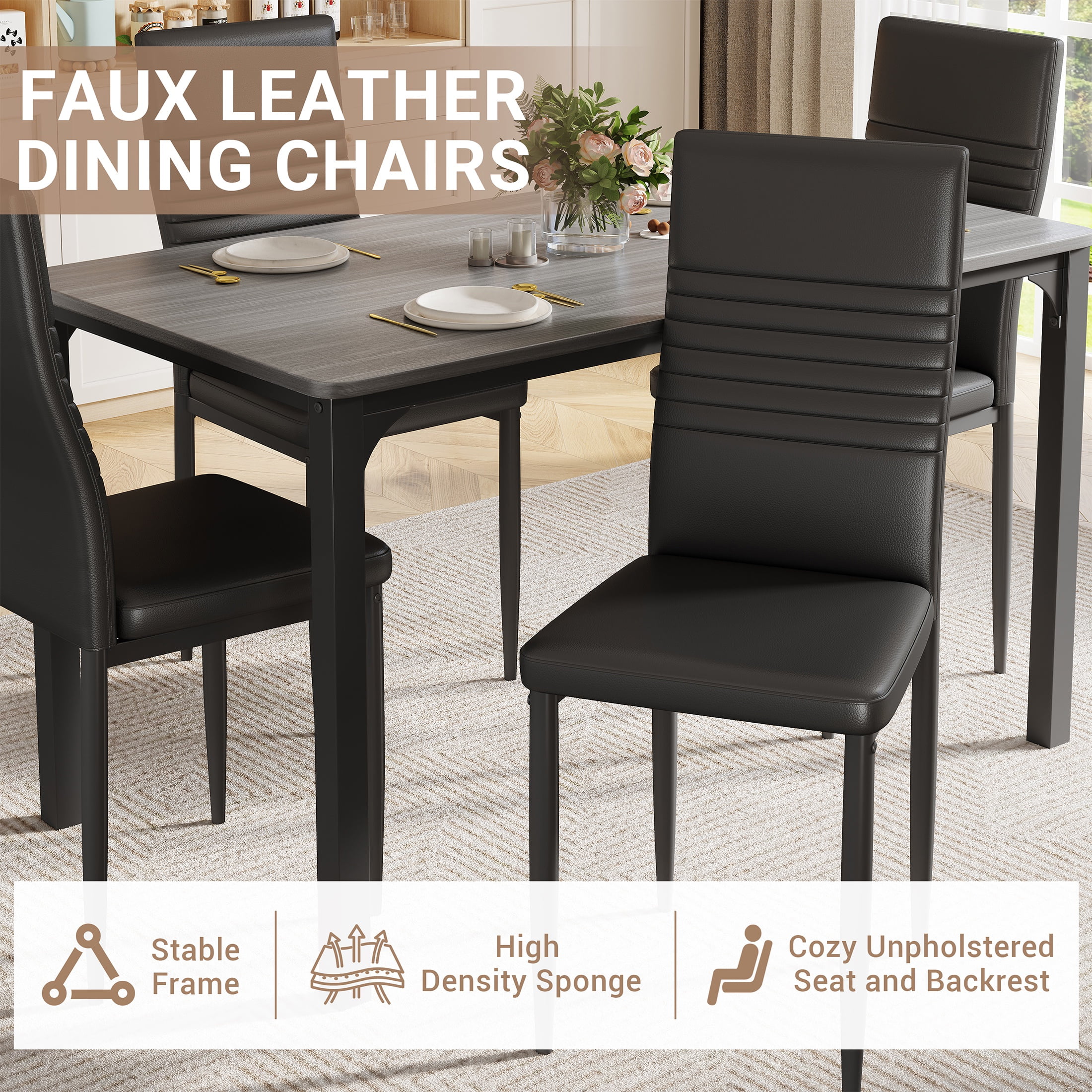 PORKISS 5 Piece Dining Set, Dining Table and Chairs Set for 4, Rectangle Kitchen Dining Table Set with 4 Upholstered Chairs, for Small Space, Breakfast Nook, Gray
