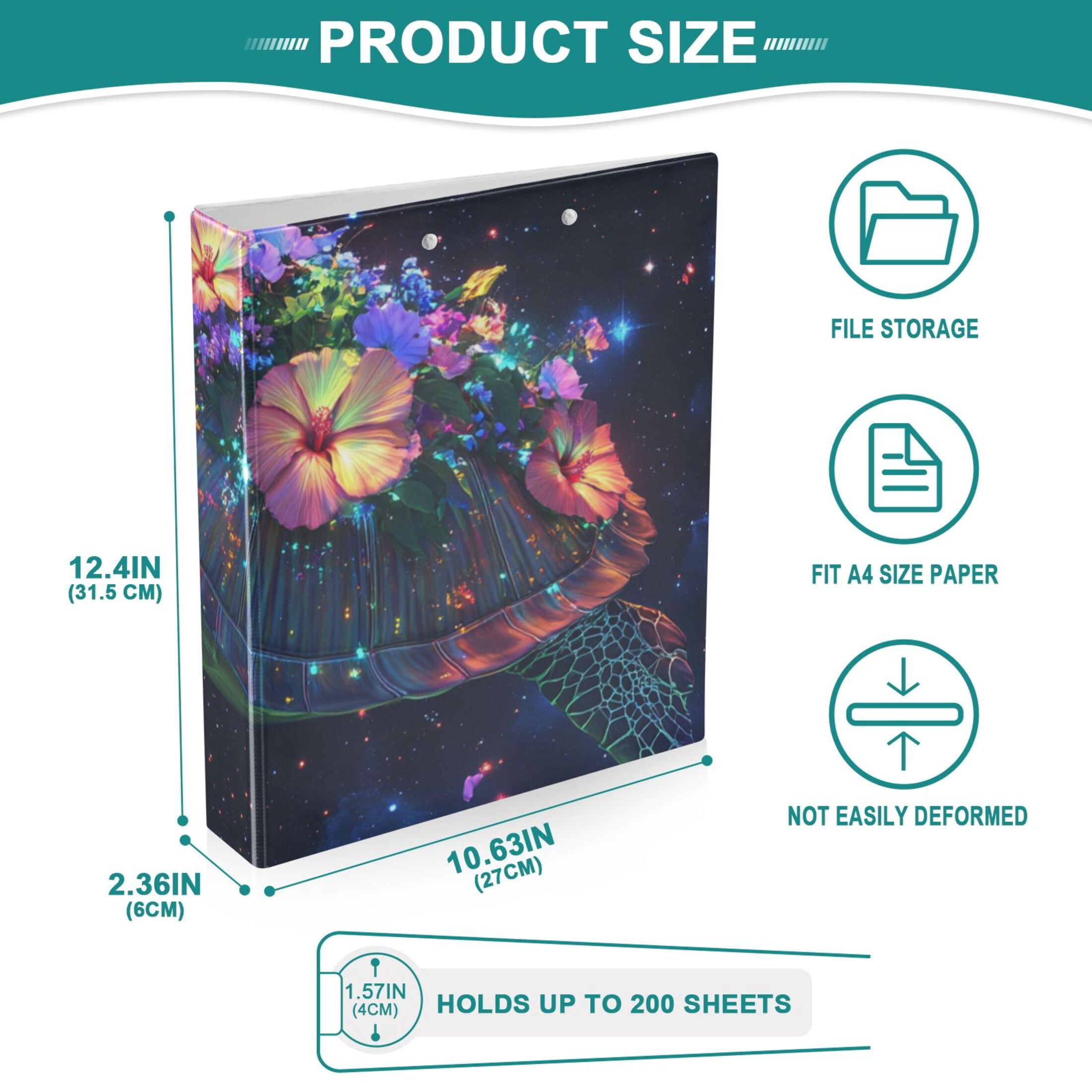 Glowing Turtle Flowers Sky 3 Ring Binders 1.5 inch Hardcover File Folders with Interior Pockets A4 Size Organizer for School Office Hospital