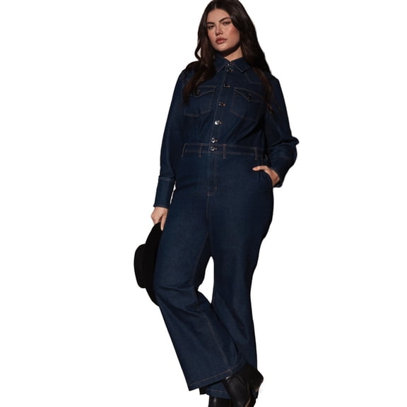 ELOQUII Women's Plus Size Western Detail Denim Jumpsuit