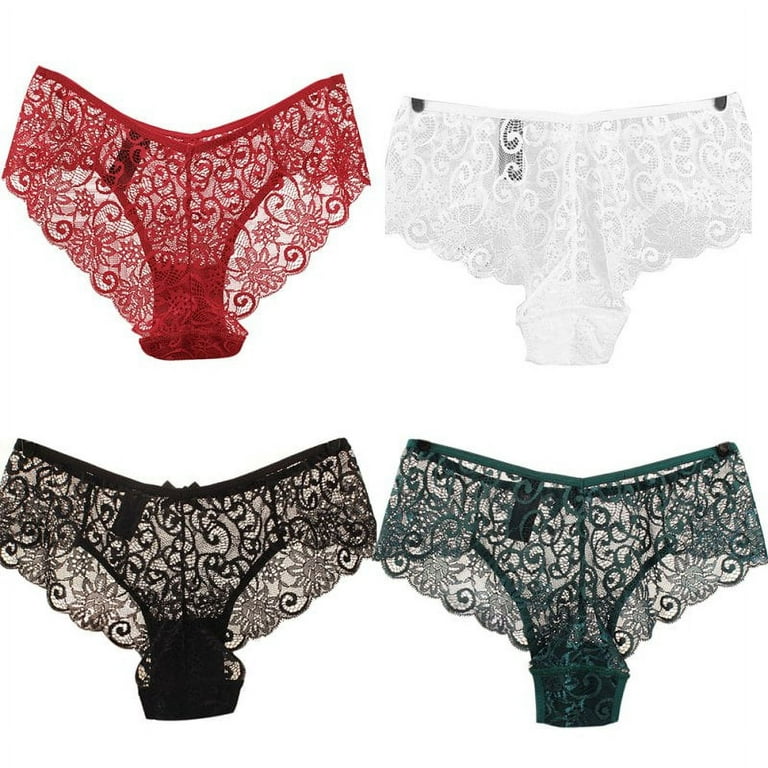 Women's Sexy Full Lace Panties S-XL 5Colors High-Crotch Transparent Floral  Bow Soft Briefs Underwear Culotte Femme Red M