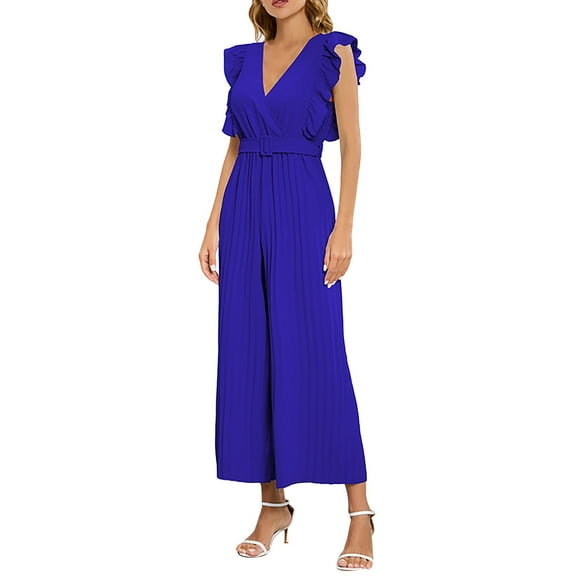 Riforla V Neck Splicing Jumpsuit Straight Pants Simple and Exquisite Design Jumpsuits for Women Blue L
