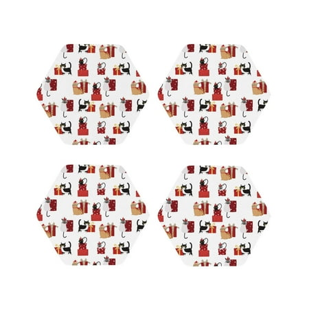 

Junzan Cute Cat And Christmas Gift Print Coasters for Drinks - Leather Coasters Set of 4 for Coffee Table for Housewarming/Kitchen/Bar/Decor-Hexagon