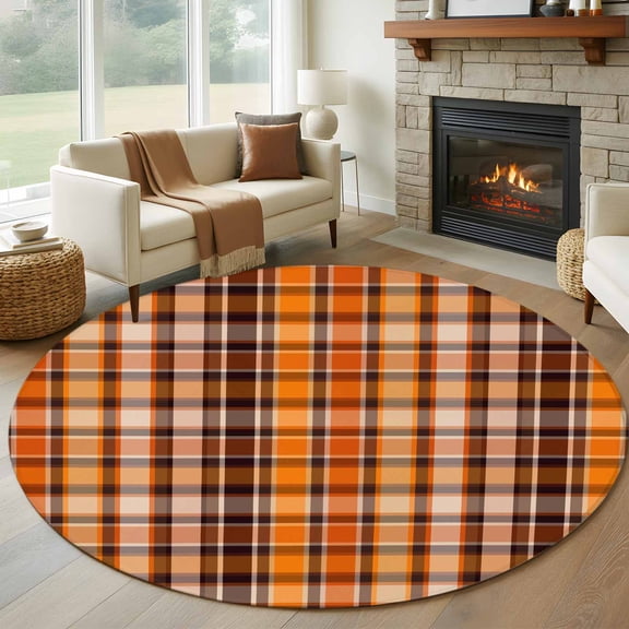 Round Area Rug 7 Ft, Orange Black Check Washable Non-Slip Circle Carpet for Living Room/Bedroom, Farmhouse Buffalo Plaid Rustic Low-Profile Large Runner Mat Collection Rugs for Indoor