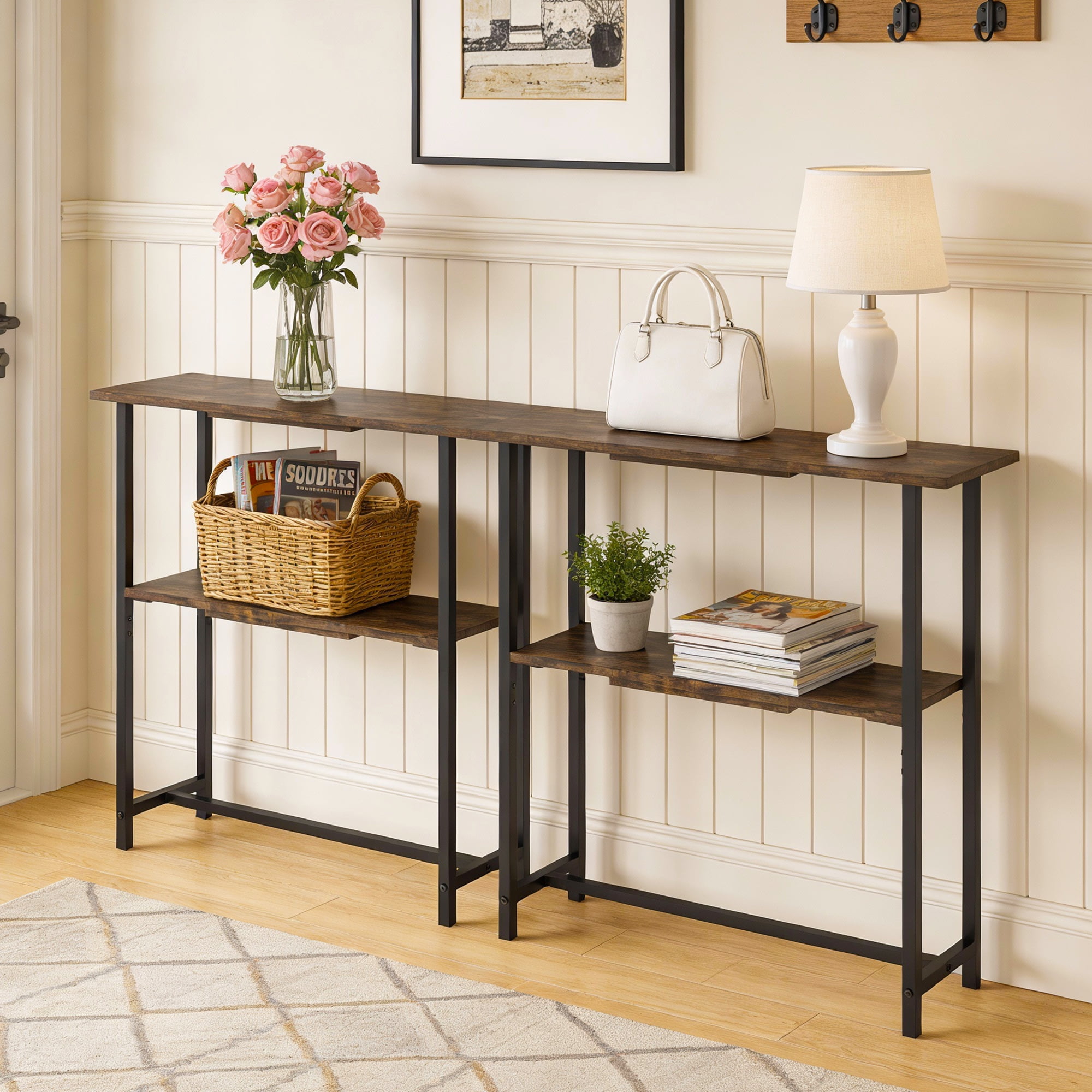 Manxile Industrial Narrow Console Table, 2 Tier Storage Shelves Wooden Sofa Side Table, Rustic Brown